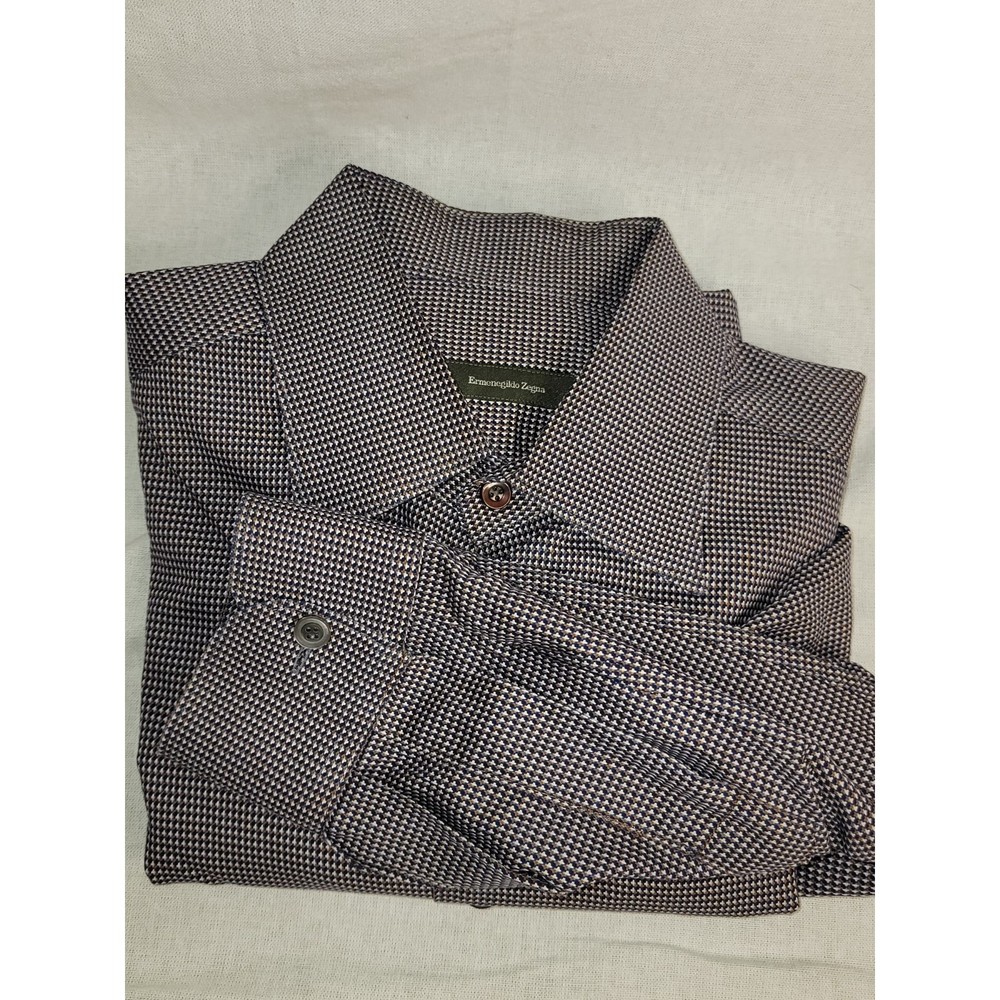 Ermenegildo Zegna Dress Shirt Cotton Blue White Brown Pattern Checkered L